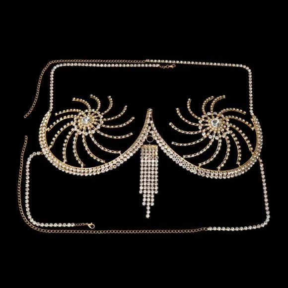 Rhinestone Chest Bracket Tassel Bra Chain Lingerie Crystal Bikini Body Jewelry - Picture 4 of 5